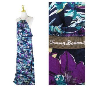 Tommy Bahama Green Purple Tropical Floral High Neck Halter Maxi Dress Size M